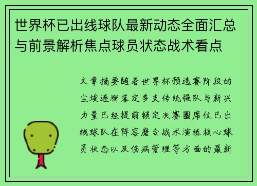 世界杯已出线球队最新动态全面汇总与前景解析焦点球员状态战术看点 世界杯已出线球队最新动态全面汇总与前景解析焦点球员状态战术看点
